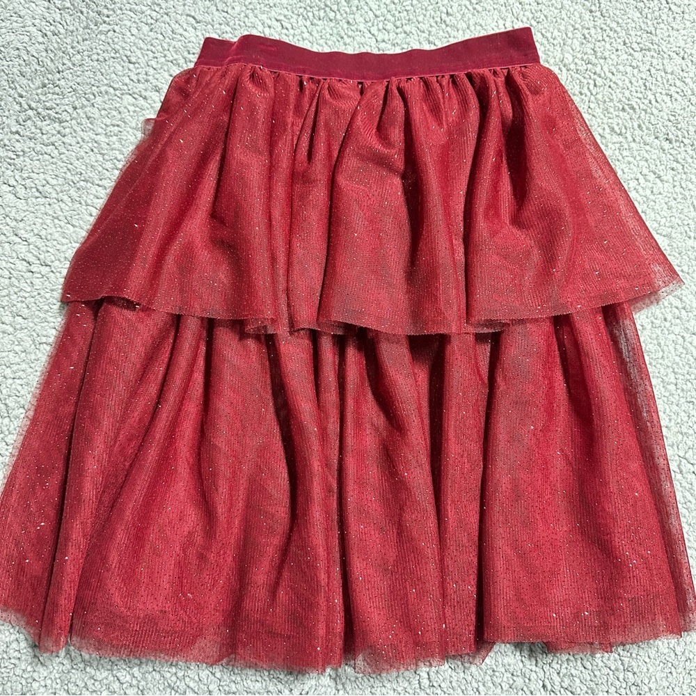 H&M Girls Red Sparkle Tulle Skirt Tiered Party Holiday Skirt Size 8-10Y